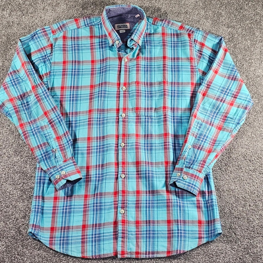Hilfiger Denim ButtonDown Mens XL Turquoise Plaid SlimFit L/S‎ shirt  Preppy Y2K